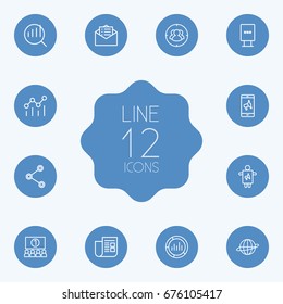 Set Of 12 Commercial Outline Icons Set.Collection Of Audience, Research, Mobile Marketing And Other Elements.