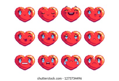 Set of 12 common heart shaped pixel art emoji in red color