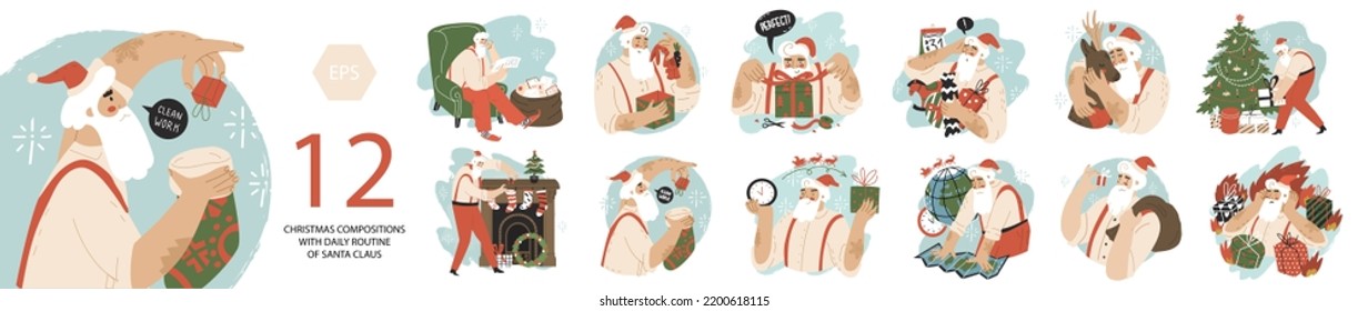 Set 12 compositions with Santa Сlaus. Happy New Year, Merry Christmas. Giving of gifts, presents, miracle, Daily routine of Santa Claus before Christmas. Flat style in vector illustration.