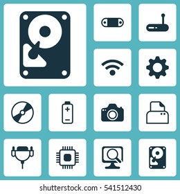 Set Of 12 Computer Hardware Icons. Includes Vga Cord, Camera, Laptop And Other Symbols. Beautiful Design Elements.