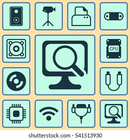 Set Of 12 Computer Hardware Icons. Includes Cpu, Audio Device, Radio Set And Other Symbols. Beautiful Design Elements.
