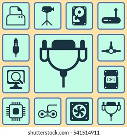 Set Of 12 Computer Hardware Icons. Includes Vga Cord, File Scanner, Joystick And Other Symbols. Beautiful Design Elements.