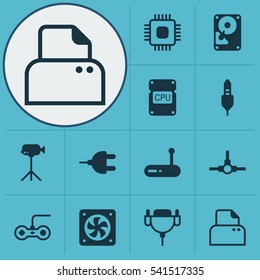 Set Of 12 Computer Hardware Icons. Includes Chip, Aux Cord, Cpu And Other Symbols. Beautiful Design Elements.