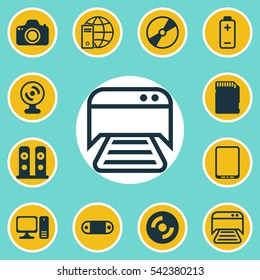 Set Of 12 Computer Hardware Icons. Includes Loudspeakers, Printed Document, Cellphone And Other Symbols. Beautiful Design Elements.