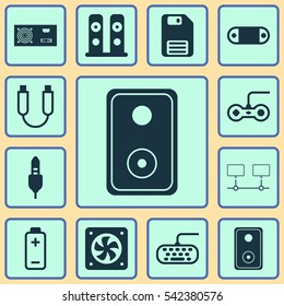 Set Of 12 Computer Hardware Icons. Includes Battery, Loudspeakers, Connected Devices And Other Symbols. Beautiful Design Elements.