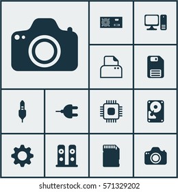 Set Of 12 Computer Hardware Icons. Includes Memory Card, Aux Cord, Loudspeakers And Other Symbols. Beautiful Design Elements.
