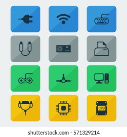 Set Of 12 Computer Hardware Icons. Includes Desktop Computer, Vga Cord, Connector And Other Symbols. Beautiful Design Elements.