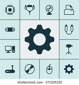 Set Of 12 Computer Hardware Icons. Includes Camcorder, Web Camera, Vga Cord And Other Symbols. Beautiful Design Elements.