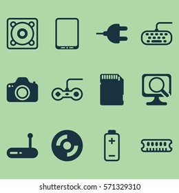 Set Of 12 Computer Hardware Icons. Includes Camera, Computer Keypad, Cellphone And Other Symbols. Beautiful Design Elements.