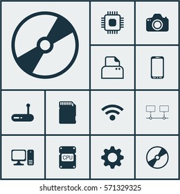 Set Of 12 Computer Hardware Icons. Includes Connected Devices, Cd-Rom, Chip And Other Symbols. Beautiful Design Elements.