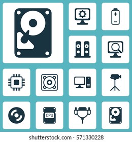 Set Of 12 Computer Hardware Icons. Includes Loudspeakers, Vga Cord, Blank Cd And Other Symbols. Beautiful Design Elements.