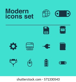 Set Of 12 Computer Hardware Icons. Includes Radio Set, Cpu, Control Device And Other Symbols. Beautiful Design Elements.