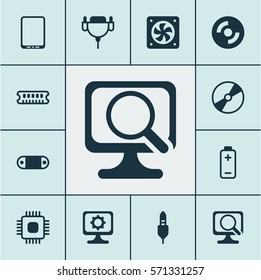 Set Of 12 Computer Hardware Icons. Includes Radio Set, Battery, PC And Other Symbols. Beautiful Design Elements.