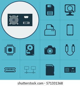 Set Of 12 Computer Hardware Icons. Includes Power Generator, Diskette, Chip And Other Symbols. Beautiful Design Elements.