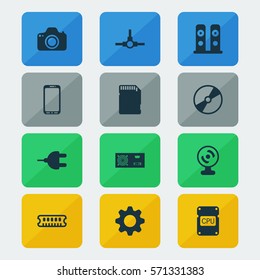 Set Of 12 Computer Hardware Icons. Includes Smartphone, Camera, Connector And Other Symbols. Beautiful Design Elements.