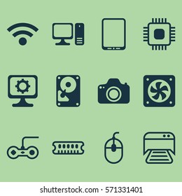 Set Of 12 Computer Hardware Icons. Includes Chip, Cellphone, Computer Ventilation And Other Symbols. Beautiful Design Elements.