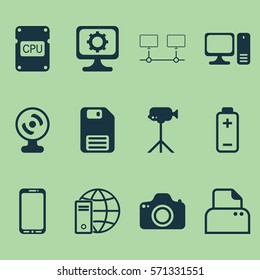 Set Of 12 Computer Hardware Icons. Includes PC, Diskette, Battery And Other Symbols. Beautiful Design Elements.