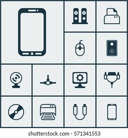 Set Of 12 Computer Hardware Icons. Includes PC, Audio Device, Loudspeakers And Other Symbols. Beautiful Design Elements.