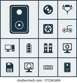 Set Of 12 Computer Hardware Icons. Includes Accumulator Sign, Diskette, Computer Ventilation And Other Symbols. Beautiful Design Elements.