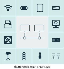 Set Of 12 Computer Hardware Icons. Includes Aux Cord, PC, Power Generator And Other Symbols. Beautiful Design Elements.