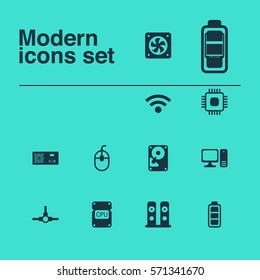 Set Of 12 Computer Hardware Icons. Includes Network Structure, Desktop Computer, Chip And Other Symbols. Beautiful Design Elements.