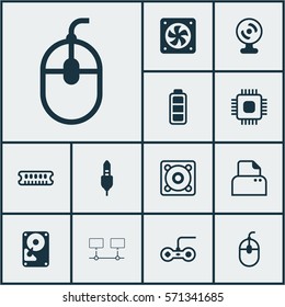 Set Of 12 Computer Hardware Icons. Includes Music, Computer Ventilation, Joystick And Other Symbols. Beautiful Design Elements.