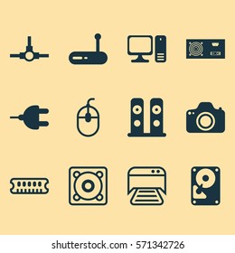 Set Of 12 Computer Hardware Icons. Includes Printed Document, Control Device, Connector And Other Symbols. Beautiful Design Elements.