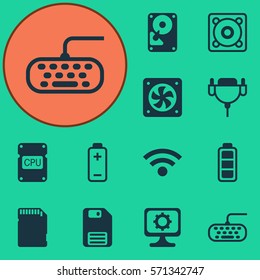 Set Of 12 Computer Hardware Icons. Includes Cpu, Memory Card, PC And Other Symbols. Beautiful Design Elements.