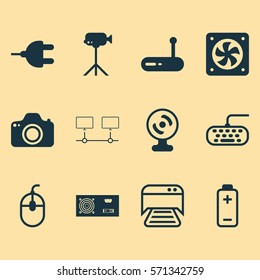 Set Of 12 Computer Hardware Icons. Includes Printed Document, Web Camera, Camcorder And Other Symbols. Beautiful Design Elements.