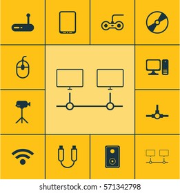 Set Of 12 Computer Hardware Icons. Includes Router, Network Structure, Connected Devices And Other Symbols. Beautiful Design Elements.