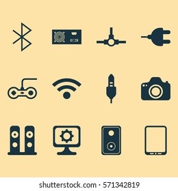 Set Of 12 Computer Hardware Icons. Includes Connector, Cellphone, Network Structure And Other Symbols. Beautiful Design Elements.