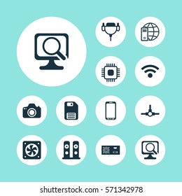 Set Of 12 Computer Hardware Icons. Includes Loudspeakers, Network Structure, Chip And Other Symbols. Beautiful Design Elements.