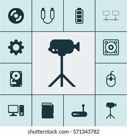 Set Of 12 Computer Hardware Icons. Includes Portable Memory, Blank Cd, Desktop Computer And Other Symbols. Beautiful Design Elements.