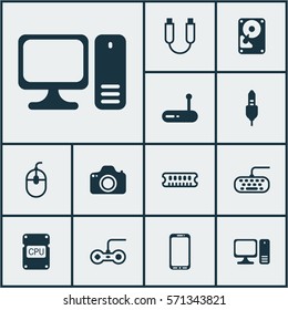 Set Of 12 Computer Hardware Icons. Includes Hdd, Dynamic Memory, Camera And Other Symbols. Beautiful Design Elements.