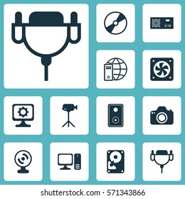 Set Of 12 Computer Hardware Icons. Includes Power Generator, Cd-Rom, Vga Cord And Other Symbols. Beautiful Design Elements.