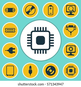 Set Of 12 Computer Hardware Icons. Includes Chip, Radio Set, Vga Cord And Other Symbols. Beautiful Design Elements.