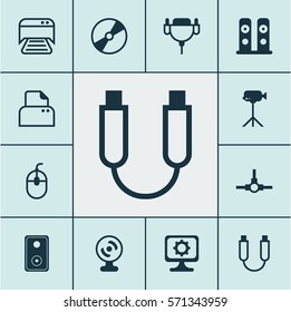 Set Of 12 Computer Hardware Icons. Includes File Scanner, Control Device, Cd-Rom And Other Symbols. Beautiful Design Elements.