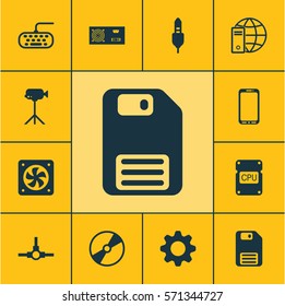 Set Of 12 Computer Hardware Icons. Includes Settings, Camcorder, Computer Ventilation And Other Symbols. Beautiful Design Elements.