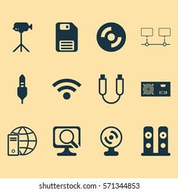 Set Of 12 Computer Hardware Icons. Includes Laptop, Connected Devices, Loudspeakers And Other Symbols. Beautiful Design Elements.