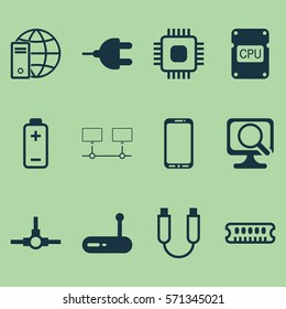 Set Of 12 Computer Hardware Icons. Includes Cpu, Network Structure, Chip And Other Symbols. Beautiful Design Elements.