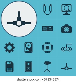 Set Of 12 Computer Hardware Icons. Includes Power Generator, Chip, Camcorder And Other Symbols. Beautiful Design Elements.