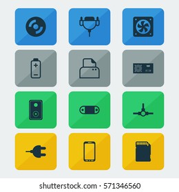 Set Of 12 Computer Hardware Icons. Includes Blank Cd, Radio Set, Computer Ventilation And Other Symbols. Beautiful Design Elements.