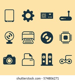 Set Of 12 Computer Hardware Icons. Includes Loudspeakers, Blank Cd, Power Generator And Other Symbols. Beautiful Design Elements.