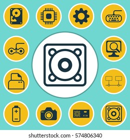 Set Of 12 Computer Hardware Icons. Includes Computer Keypad, File Scanner, Connected Devices And Other Symbols. Beautiful Design Elements.