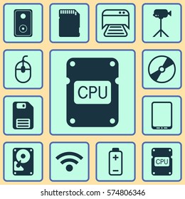 Set Of 12 Computer Hardware Icons. Includes Memory Card, Hdd, Cd-Rom And Other Symbols. Beautiful Design Elements.