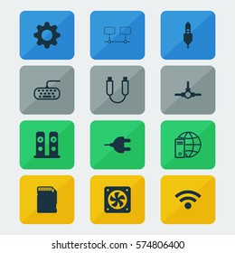 Set Of 12 Computer Hardware Icons. Includes Aux Cord, Internet Network, Network Structure And Other Symbols. Beautiful Design Elements.