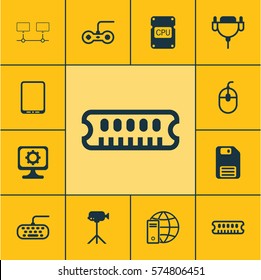 Set Of 12 Computer Hardware Icons. Includes Dynamic Memory, Joystick, Cpu And Other Symbols. Beautiful Design Elements.