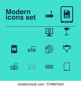 Set Of 12 Computer Hardware Icons. Includes PC, Connected Devices, Internet Network And Other Symbols. Beautiful Design Elements.