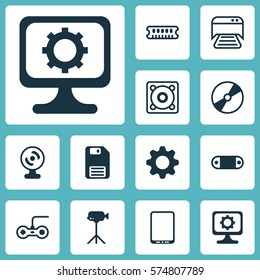 Set Of 12 Computer Hardware Icons. Includes Camcorder, Radio Set, Cellphone And Other Symbols. Beautiful Design Elements.