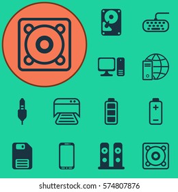 Set Of 12 Computer Hardware Icons. Includes Diskette, Loudspeakers, Smartphone And Other Symbols. Beautiful Design Elements.